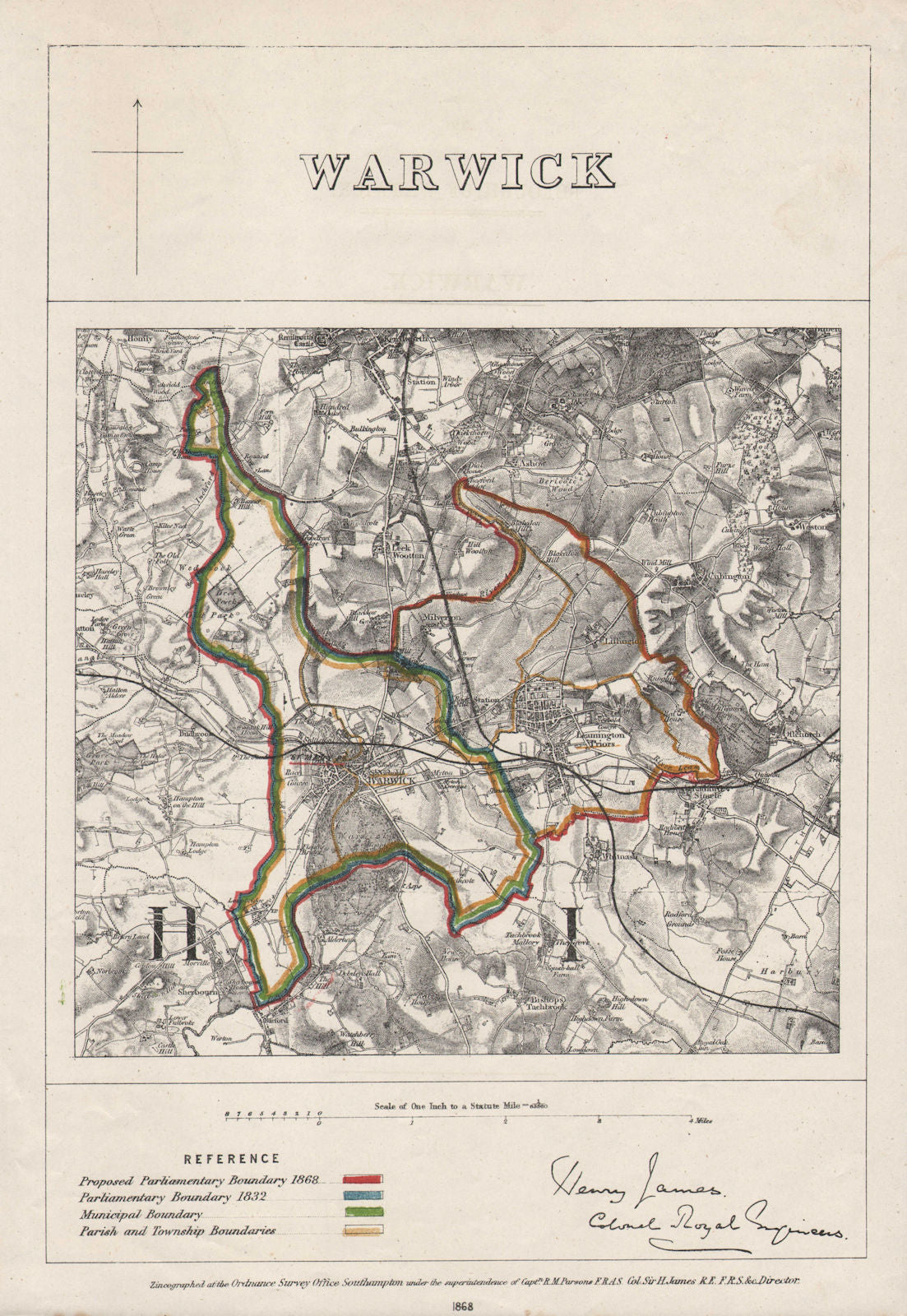 WARWICK & LEAMINGTON PRIORS/SPA town plan. BOUNDARY COMMISSION. JAMES 1868 map